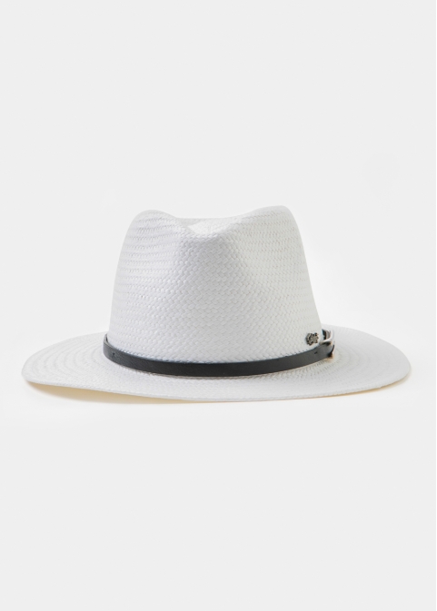 White Panama Style Hat w/ black leather belt