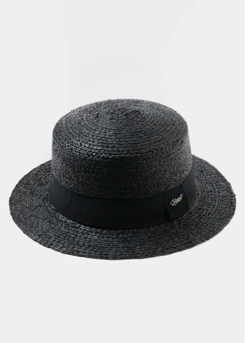 Black Raffia Boater Hat w/ black hatband