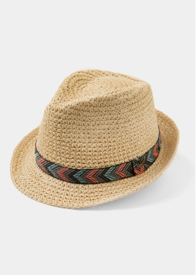 Beige Fedora Hat w/ multicolor hatband