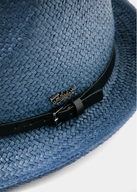  Navy Natural Straw Fedora Hat w/ navy leather belt