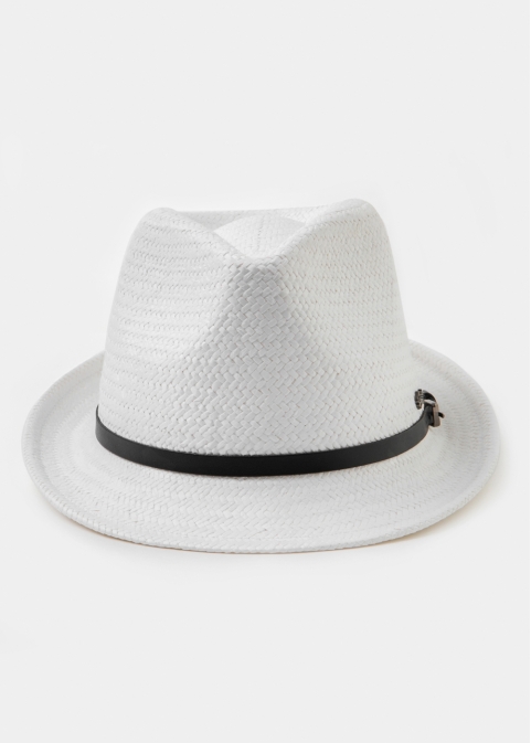  White Natural Straw Fedora Hat w/ black leather belt