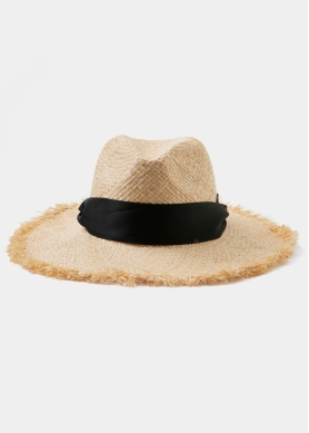 Beige Raffia Panama Style Hat w/ black neck ribbon