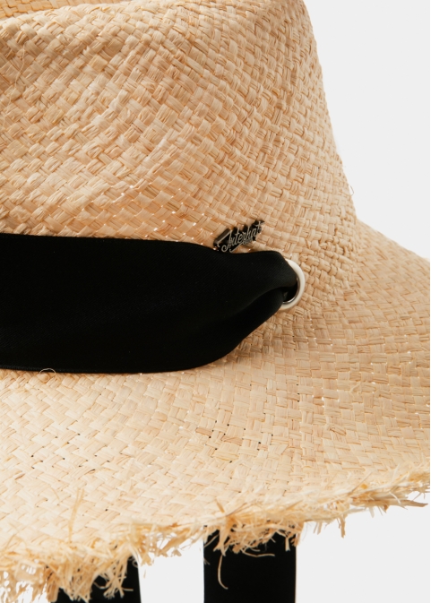 Beige Raffia Panama Style Hat w/ black neck ribbon