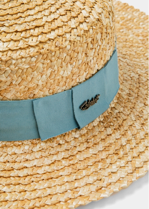 Straw Venice Style Hat w/ grey ribbon