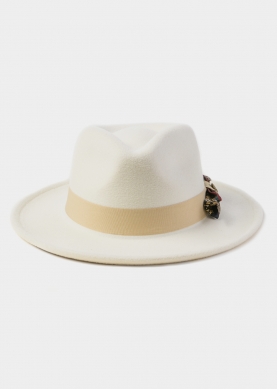 White Winter Hat w/ Beige Hatband and Details