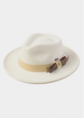 White Winter Hat w/ Beige Hatband and Details