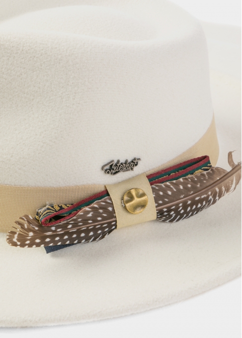 White Winter Hat w/ Beige Hatband and Details
