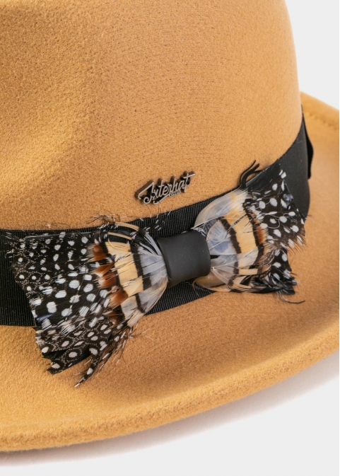 Camel Winter Hat w/ Black Hatband and Feathers