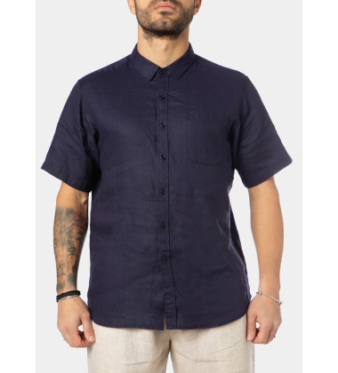 100% Linen Navy Blue Classic Shirt w/ Short Sleeves