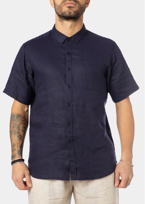 100% Linen Navy Blue Classic Shirt w/ Short Sleeves