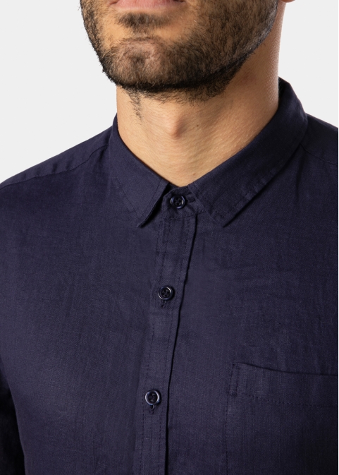 100% Linen Navy Blue Classic Shirt w/ Short Sleeves