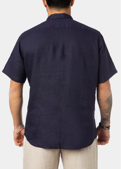 100% Linen Navy Blue Classic Shirt w/ Short Sleeves