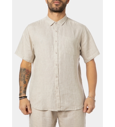 100% Linen Natural Beige Classic Shirt w/ Short Sleeves