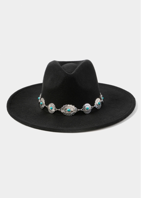 Black Winter Hat w/ Silver Decorative Chain