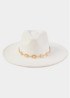 White Winter Hat w/ Gold Decorative Chain