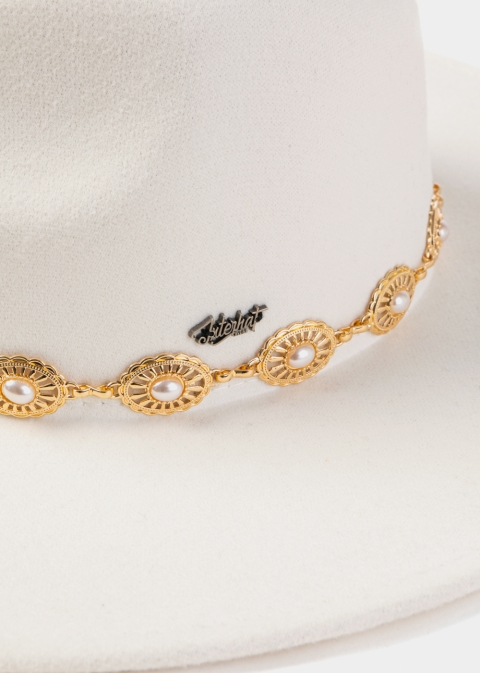 White Winter Hat w/ Gold Decorative Chain