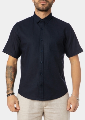 Linen - Cotton Navy Blue Classic Shirt w/ Short Sleeves