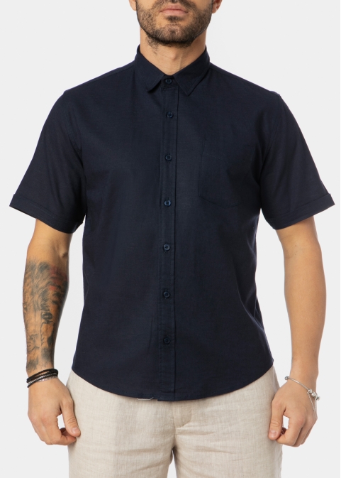 Linen - Cotton Navy Blue Classic Shirt w/ Short Sleeves