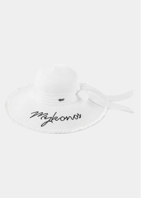 White "Mykonos" Straw Hat w/ White Ribbon