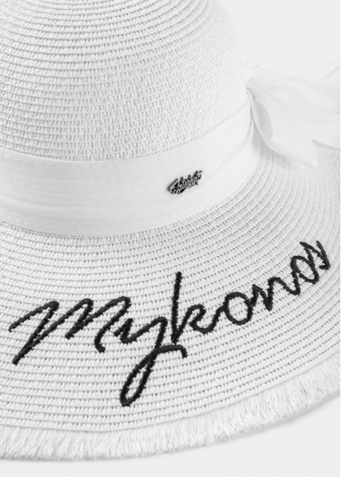 White "Mykonos" Straw Hat w/ White Ribbon