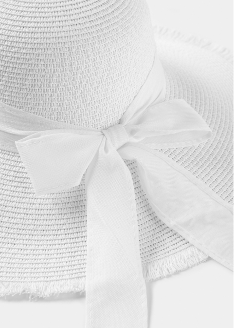 White "Mykonos" Straw Hat w/ White Ribbon