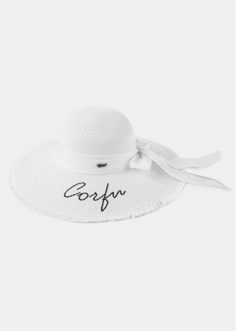 White "Corfu" Straw Hat w/ White Ribbon