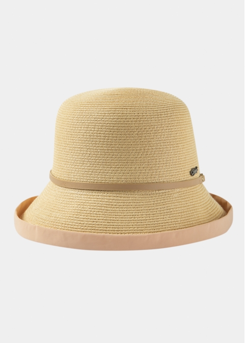 Beige Straw Hat w/ Cotton Lining & Leather Detail