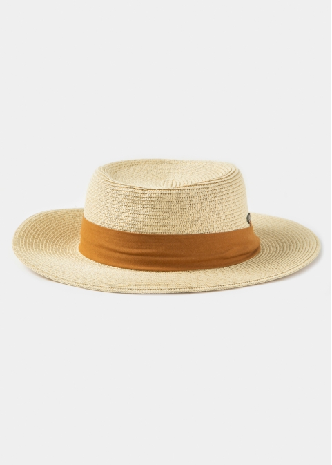 Beige Boater Hat w/ Camel Ribbon