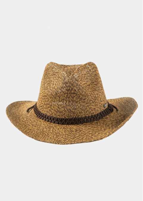 Brown Raffia Cowboy Style Hat w/ brown braided hatband & neck cord
