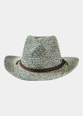 Blue Raffia Cowboy Style Hat w/ brown braided hatband & neck cord