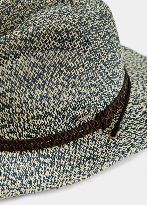 Blue Raffia Cowboy Style Hat w/ brown braided hatband & neck cord