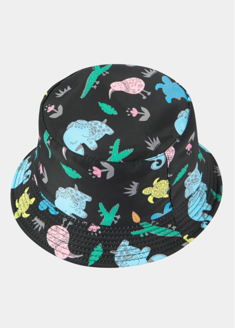 Kids Bucket Hat Double Face w/ Turtle Pattern Black