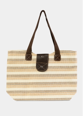Brown Striped Beach Bag w/ Leatherette Details