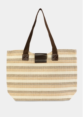 Brown Striped Beach Bag w/ Leatherette Details
