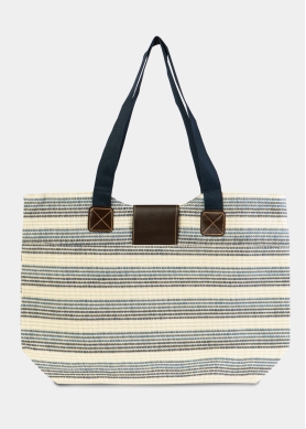 Blue Striped Beach Bag w/ Leatherette Details