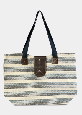 Blue Striped Beach Bag w/ Leatherette Details