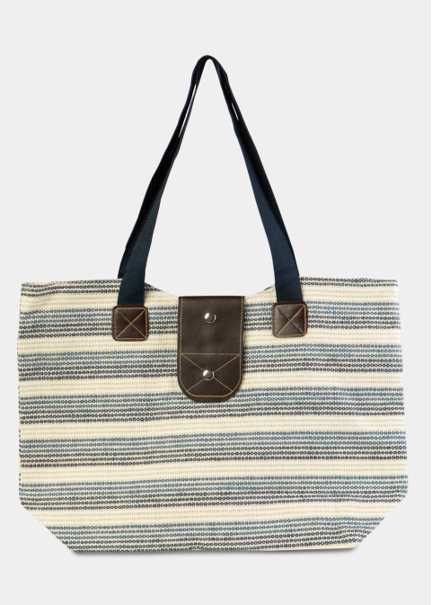 Blue Striped Beach Bag w/ Leatherette Details