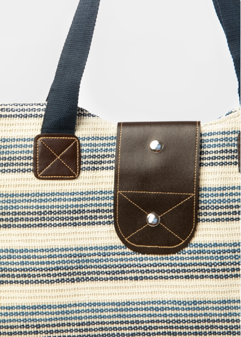 Blue Striped Beach Bag w/ Leatherette Details