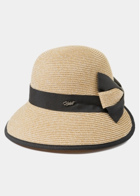 Mixed Brown Cut Straw Hat w/ Black Bow