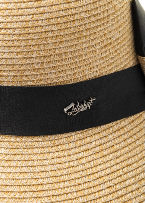 Mixed Brown Cut Straw Hat w/ Black Bow