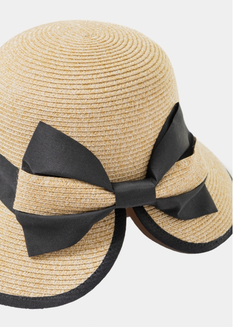 Mixed Brown Cut Straw Hat w/ Black Bow
