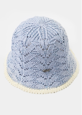 Light Blue Knitted Bucket Style Hat w/ Ecru Outline