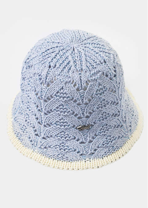 Light Blue Knitted Bucket Style Hat w/ Ecru Outline