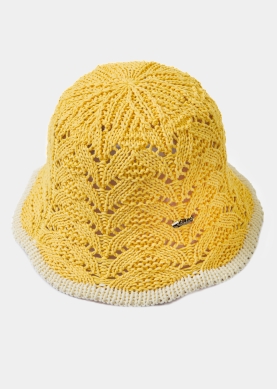Yellow Knitted Bucket Style Hat w/ Ecru Outline