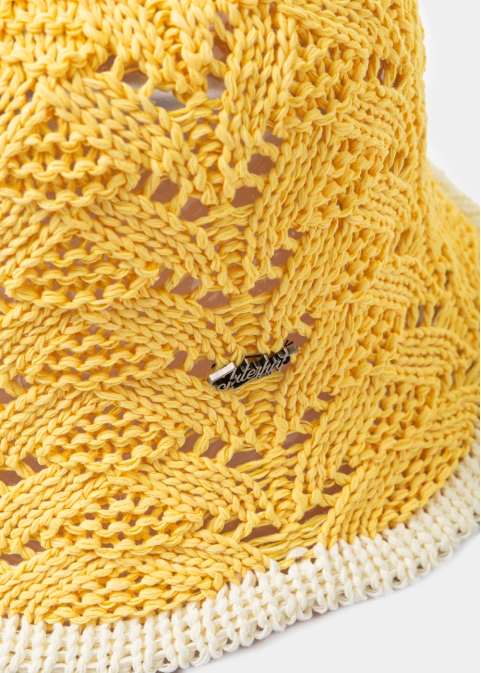 Yellow Knitted Bucket Style Hat w/ Ecru Outline