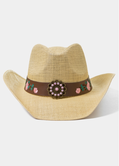 Beige Cowboy Style Hat w/ Pink Flowers