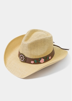 Beige Cowboy Style Hat w/ Pink Flowers
