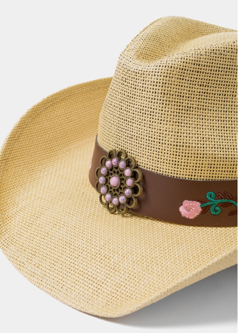 Beige Cowboy Style Hat w/ Pink Flowers
