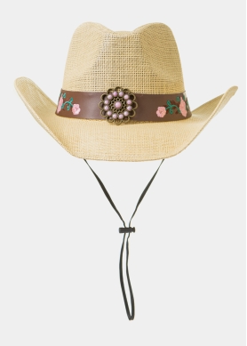 Beige Cowboy Style Hat w/ Pink Flowers