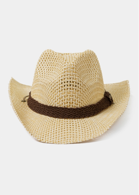 Ecru Cowboy Style Hat w/ Brown Braided Hatband